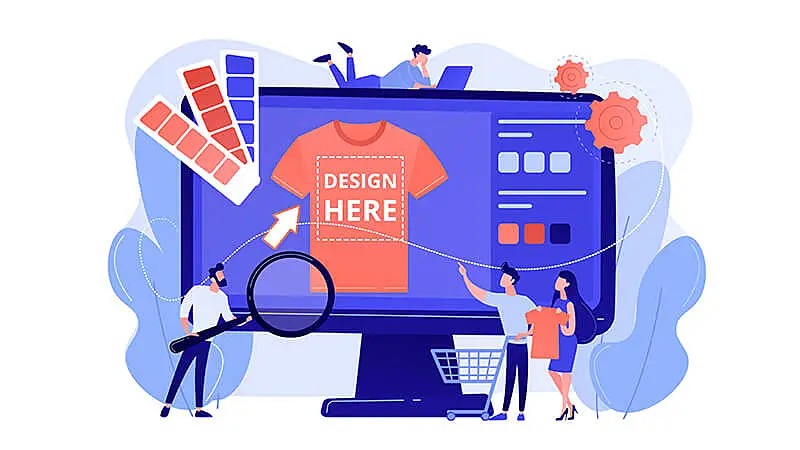 Imagem vetorizada de compradores escolhendo comprar uma camisa personalizada