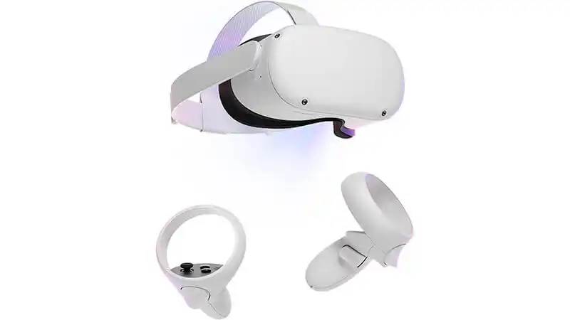 imagem que mostra o óculos VR Meta Quest 2 e um par de controle Oculus Touch na cor branca