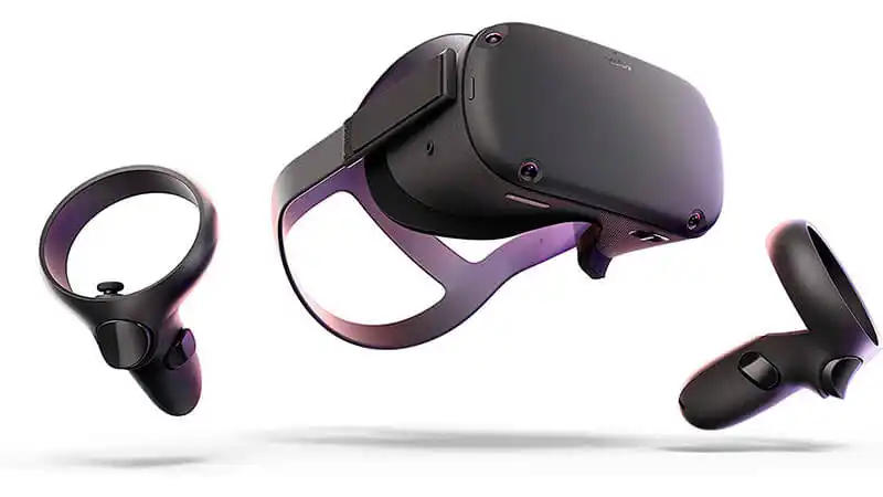 imagem que mostra o óculos VR Oculus Quest e um par de controle Oculus Touch na cor preta