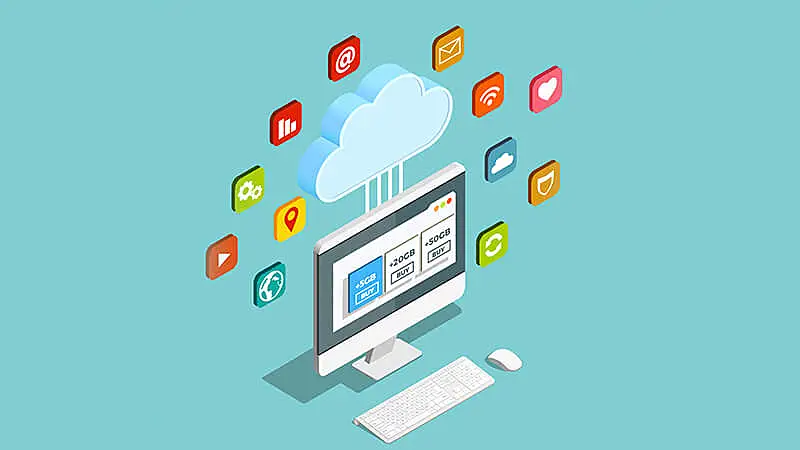 imagem com fundo laranja que mostra pessoas acessando aplicativos do Office 365 na nuvem