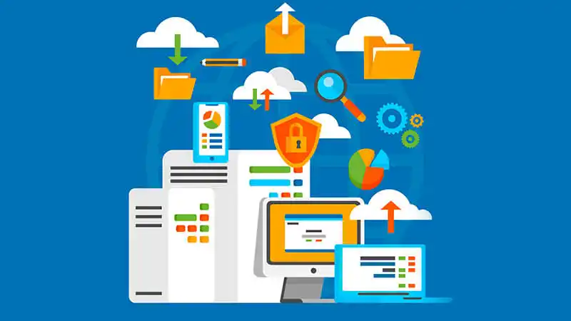 Office 365 imagem com telas, computadores e nuvens com cadeados de segurança e a logo do Office 365