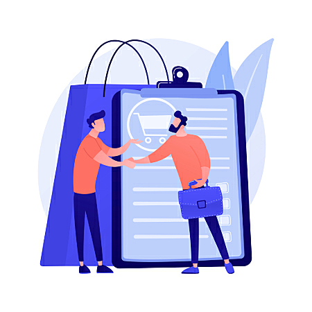 Imagem de duas pessoas apertando as mãos e uma nota de uma compra ao fundo