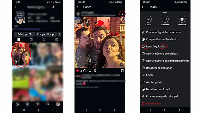 3 capturas de tela que mostram o passo a passo de como arquivar uma foto no instagram