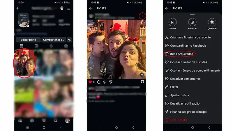 3 capturas de tela que mostram o passo a passo de como arquivar uma foto no instagram