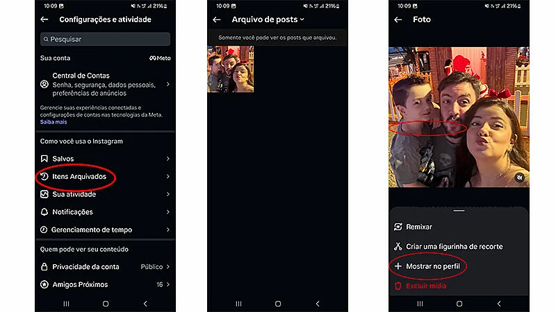 3 capturas de tela mostrando como desarquivar uma foto no Instagram