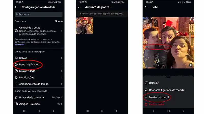 3 capturas de tela mostrando como desarquivar uma foto no Instagram
