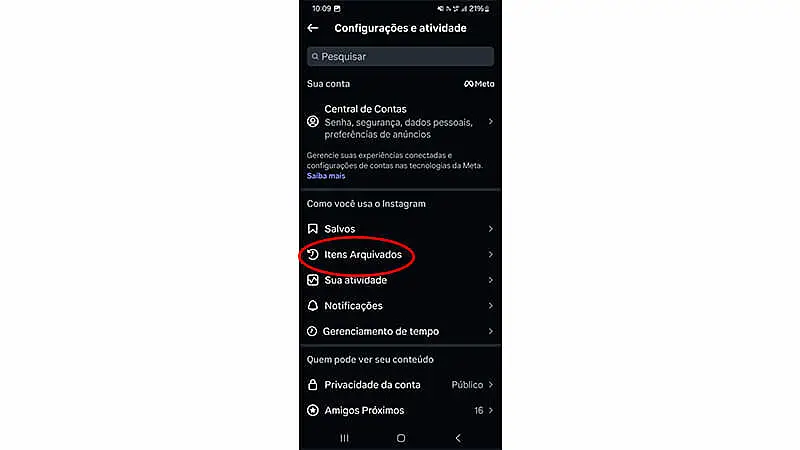 captura de tela que mostra onde fica as fotos arquivadas do instagram