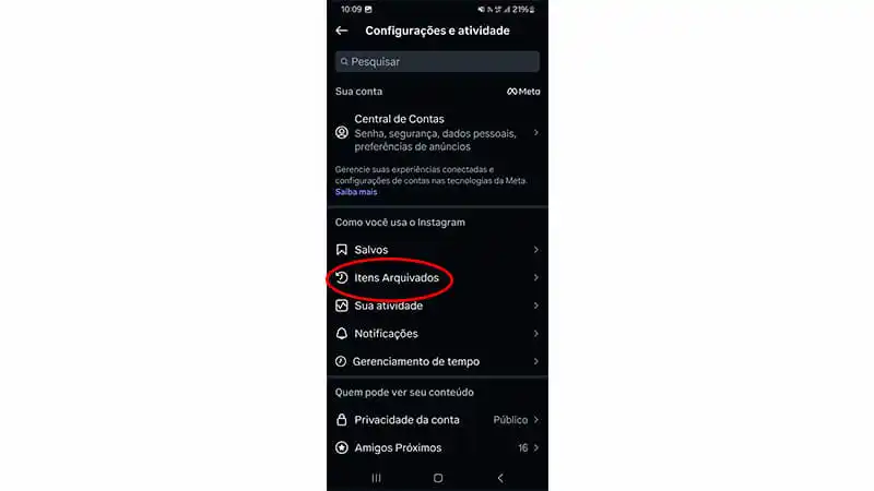 captura de tela que mostra onde fica as fotos arquivadas do instagram
