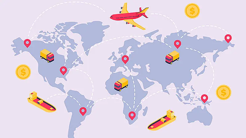 Ilustração do mapa mundi com um avião e um navio de carga e várias caixas