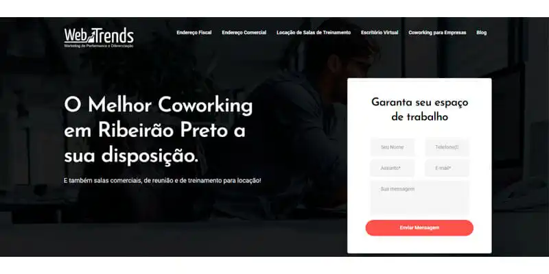 captura de tela da pagina de vendas da web trends com o titulo melhor coworking em ribeirão preto a sua disposição