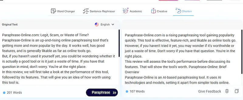 Paphrase Online shorten mode