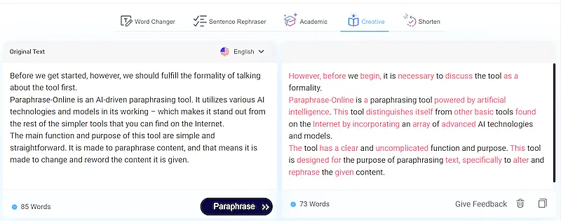 Paraphrase Online page