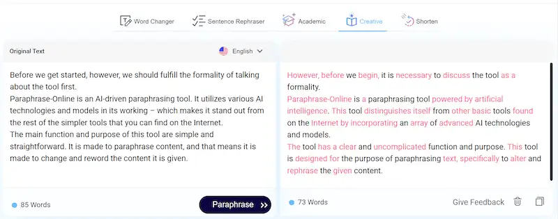 Paraphrase Online page