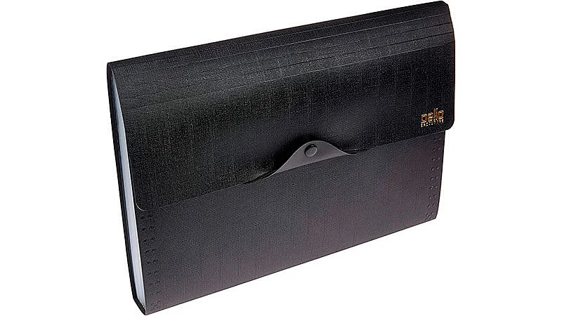 imagem de uma pasta sanfonada com 12 divisórias Dello na cor preta fechada