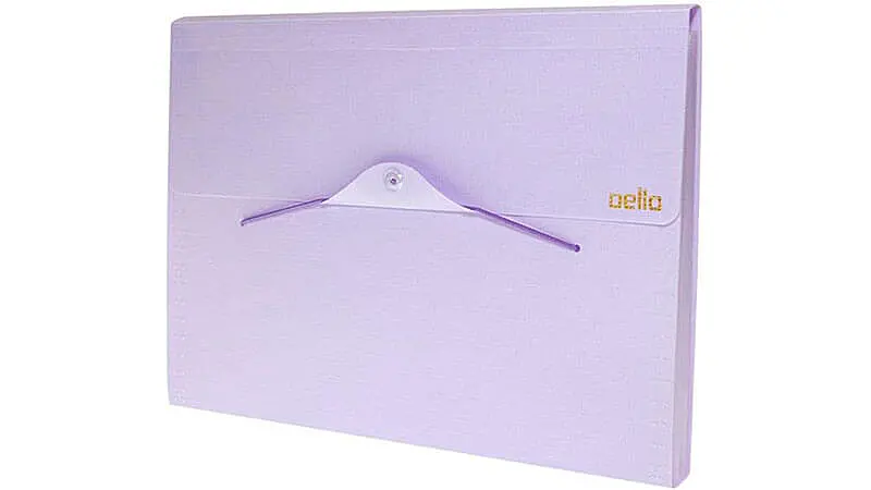 imagem de uma pasta sanfonada com 12 divisórias da Dello na cor lilas fechada