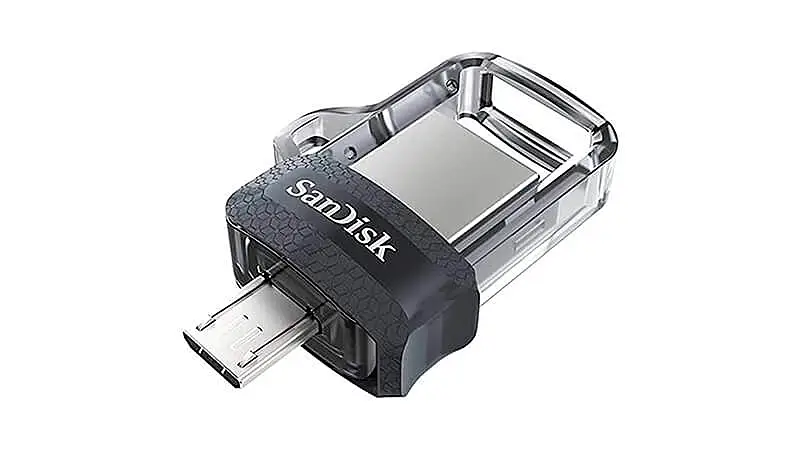 imagem de um pen drive de 256GB SanDisk com design transparente