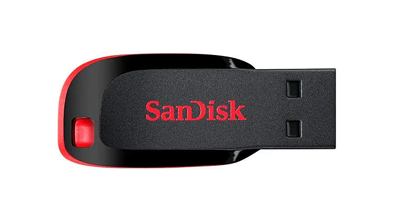 imagem de um pen drive de 16GB SanDisk com design na cor preta e vermelha
