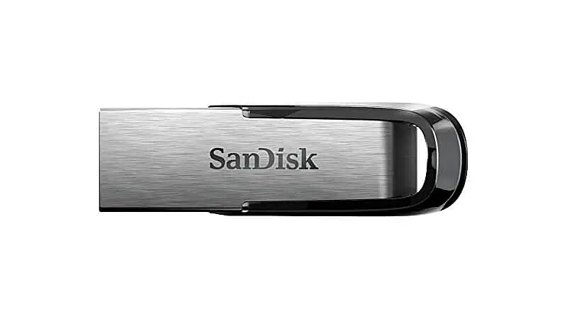 imagem de um pen drive de 32GB da SanDisk com design prateado