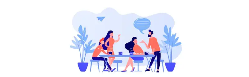 Conversa criativa Grupo de quatro pessoas discutindo um assunto em uma pesa enquanto tomam café