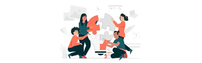 Conexão de ideias Quatro pessoas conectando um quebra-cabeças em forma de lâmpada