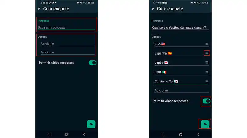 imagem que mostra o passo a passo de como preencher, enviar e configurar uma enquete no WhatsApp