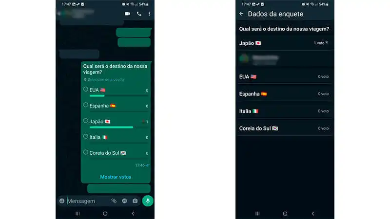 imagem que mostra uma enquete em uma conversa e os resultados da votação
