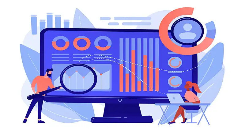ilustração de uma tela de computador com gráficos e um homem segurando uma lupa. Ao lado uma mulher sentada usando um notebook