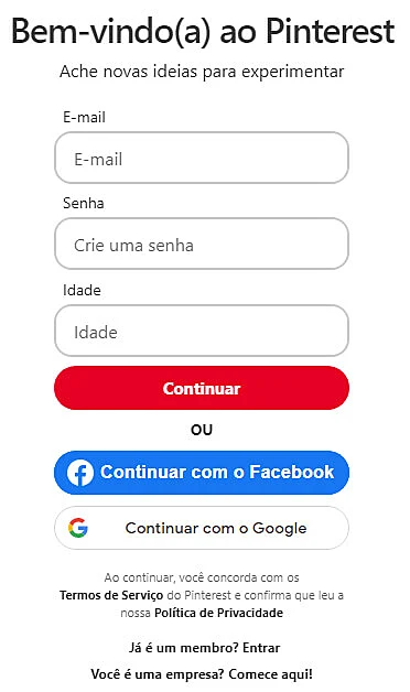 Captura de tela da pagina de login do Pinterest