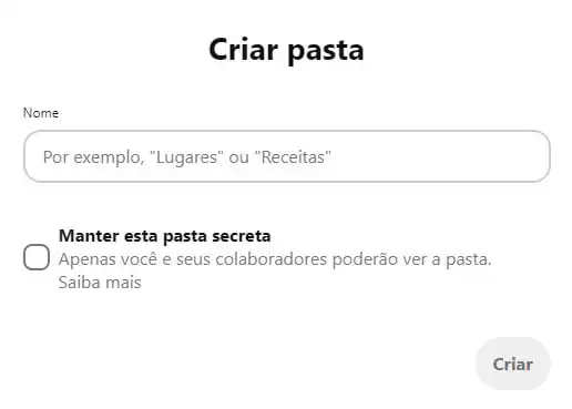 Tela de criar pasta