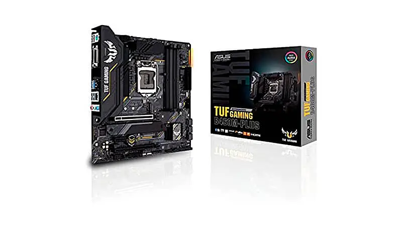 imagem de uma placa mãe B460M LGA1200 da Asus ao lado da sua caixa