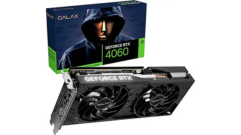 imagem que mostra uma placa de vídeo RTX 4060 da Galax em frente a caixa do produto