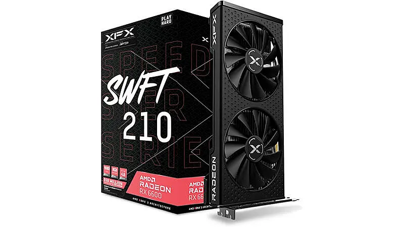 imagem que mostra uma placa de vídeo RX 6600 próximo a caixa