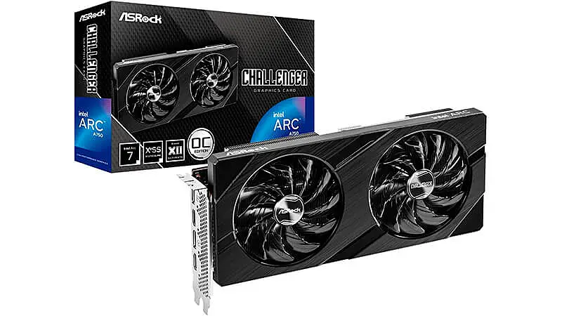 imagem de uma placa de vídeo Intel ARC 750 próximo a caixa