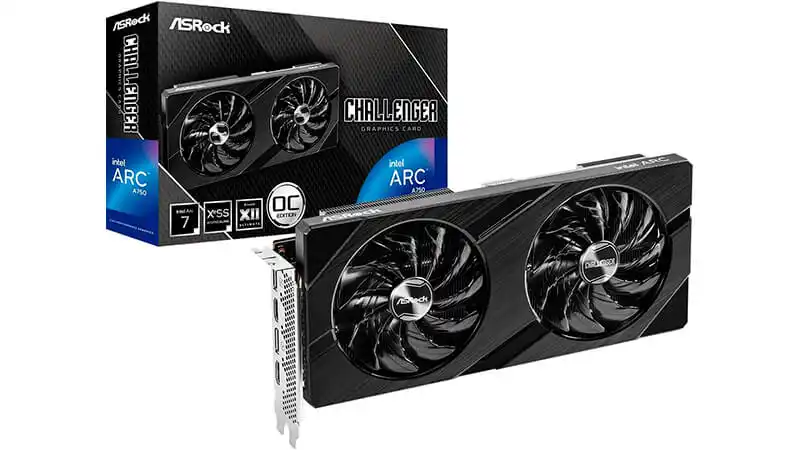 imagem de uma placa de vídeo Intel ARC 750 próximo a caixa