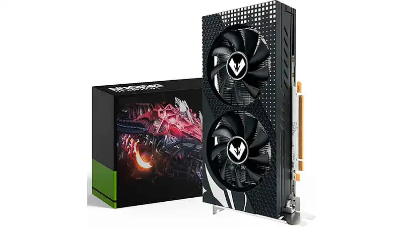 imagem de uma placa de vídeo RX 580 ao lado da caixa