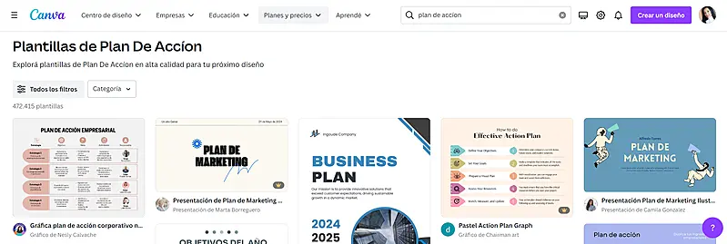 Plan de acción en el Canva