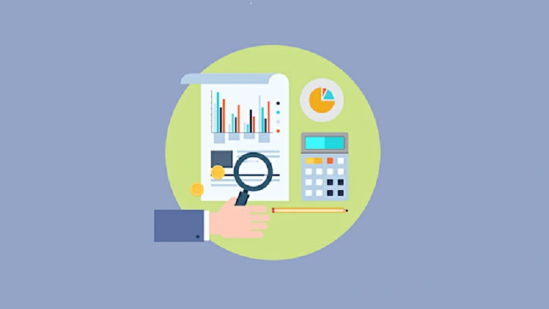 Ilustración de elementos de una oficina como calculadora y charts de medición