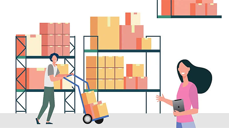 Ilustração de duas pessoas em um deposito com diversas caixas