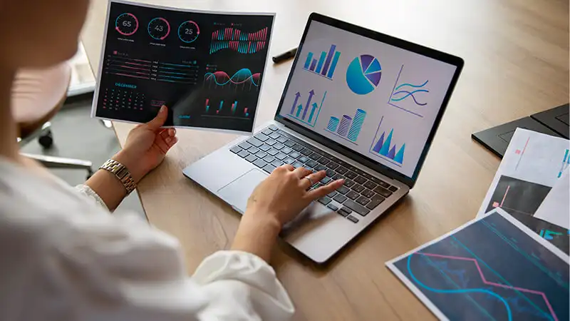 planilha fluxo de caixa pessoa analisando gráficos em um notebook