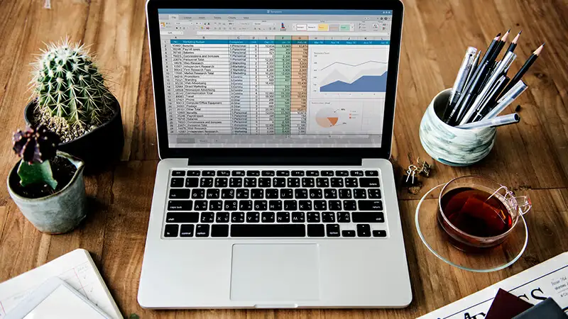 Uma pessoa preenchendo uma planilha no notebook e fazendo anotações
