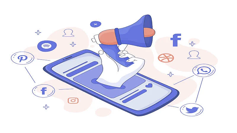 Ilustração de um celular e um megafone saindo e vários ícones de redes sociais