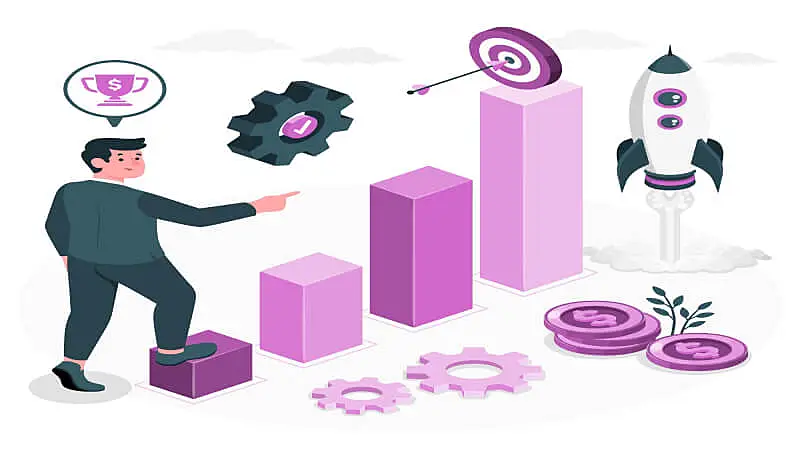 Arte de um homem subindo em gráficos e um foguete voando