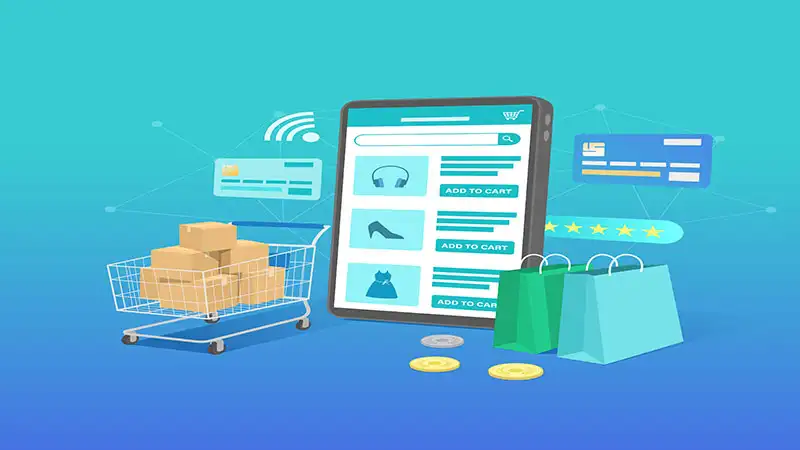 Ilustração de um carrinho de compras e um celular