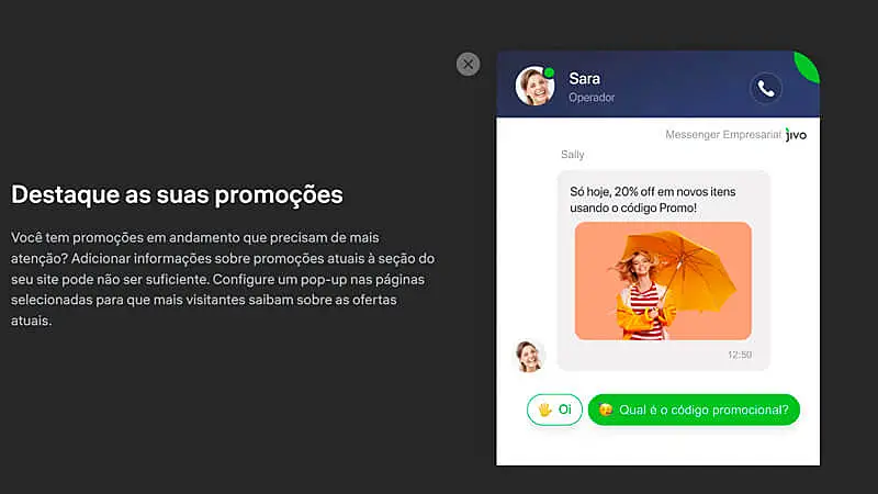 captura de tela que mostra um dos recursos de pop up do JivoChat oferecendo um desconto