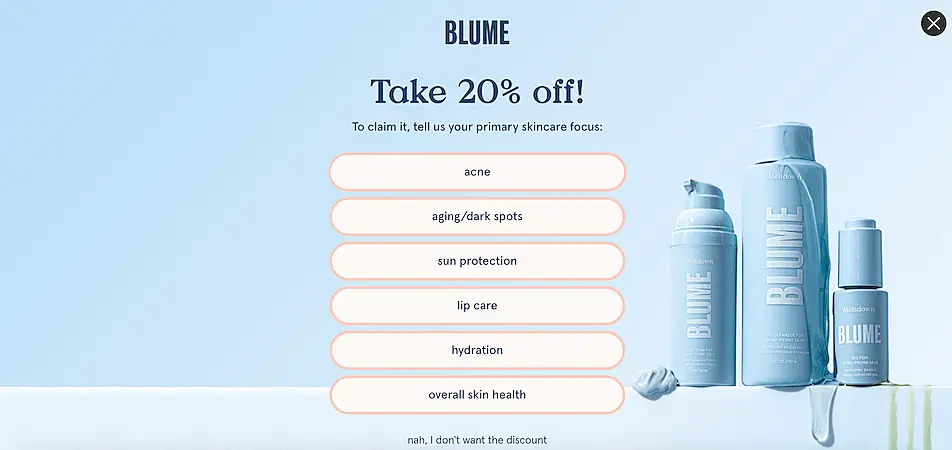 Full-screen popup example from Blume