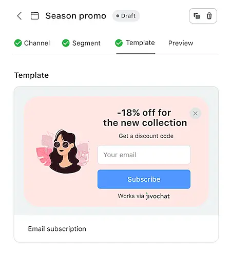JivoChat software interface to personalize popups
