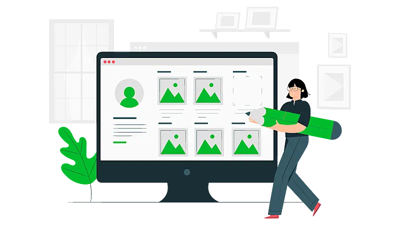 Imagem vetorizada de uma mulher segurando lápis e olhando para seu portfolio na tela do computador