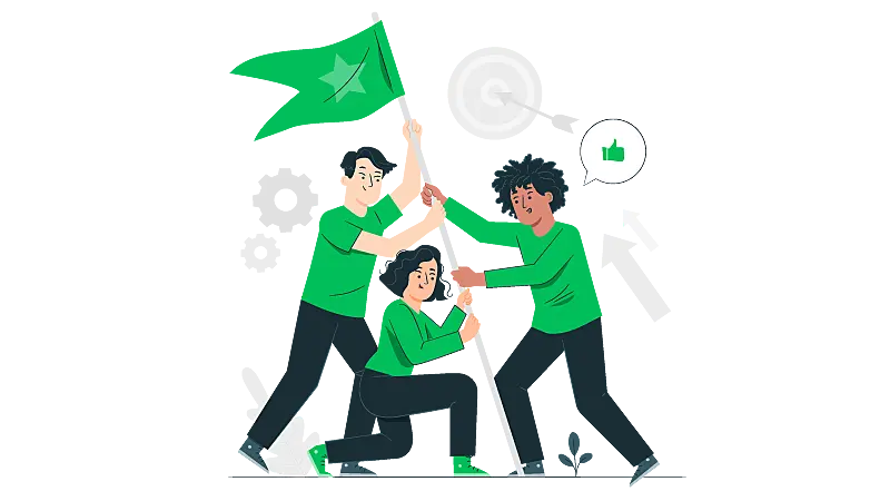 Imagem vetorizada de uma equipe erguendo uma bandeira