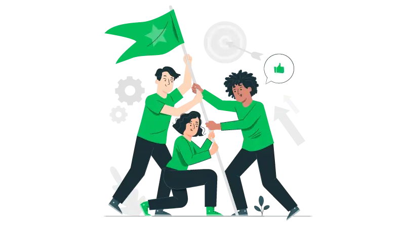 Imagem vetorizada de uma equipe erguendo uma bandeira