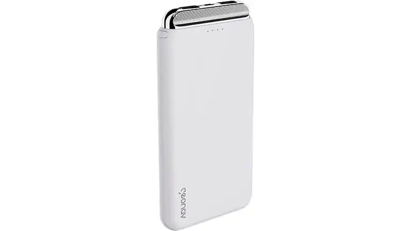 imagem de um power bank Geonav na cor branca com acabamento cromado